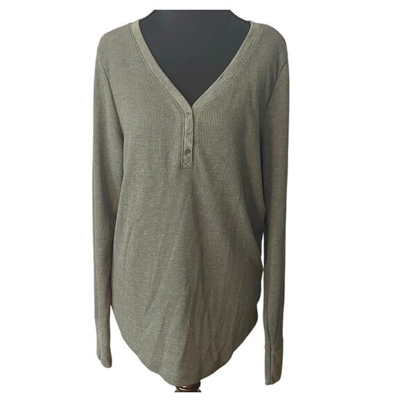 Cozy Waffle Knit Henley XL Sea Green Long Sleeve Thermal Top Cabin Winter Layer - Picture 1 of 7